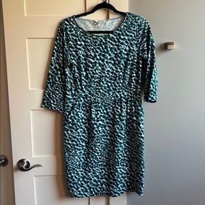 Boden Penny 8P petite 100% cotton knit dress navy blue teal print pattern